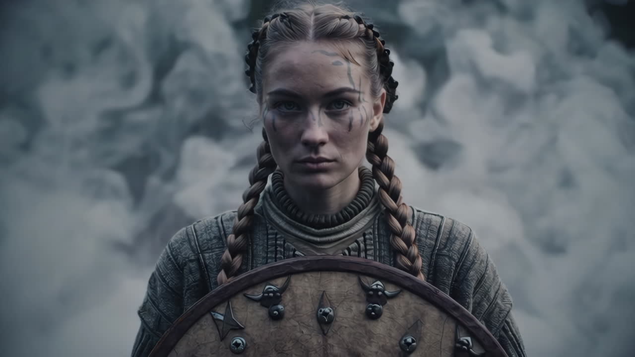 Woman Warrior with Shield in Smoky Environment