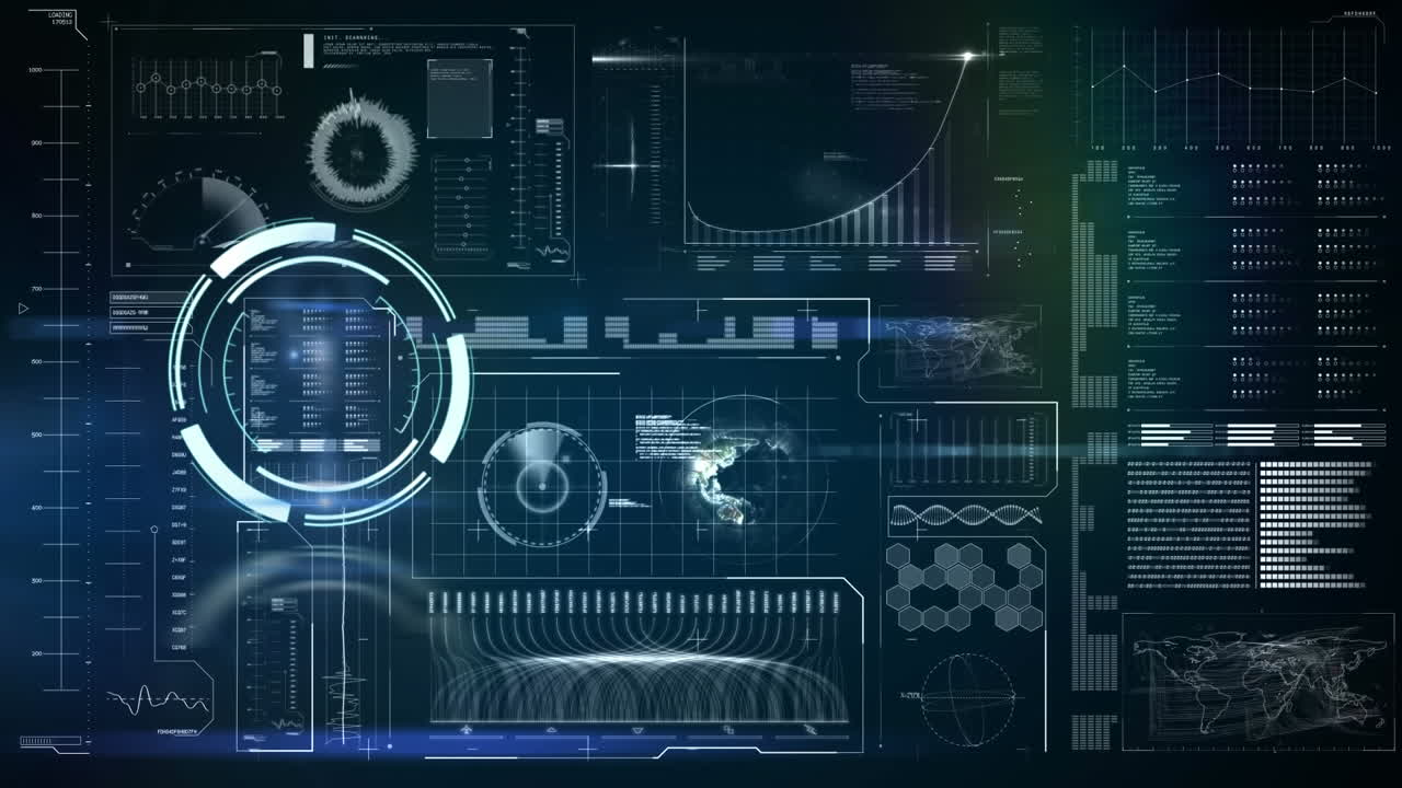 Animation of neon round scanner over interface with data processing against blue background