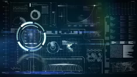 animation of neon round scanner over interface with data processing against blue background