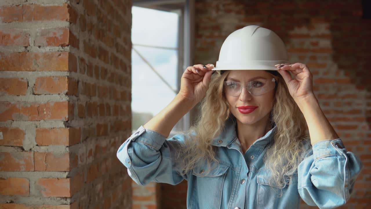 A young woman in a work helmet and denim clothes and goggles stands at the construction site. Builder, bricklayer, architect