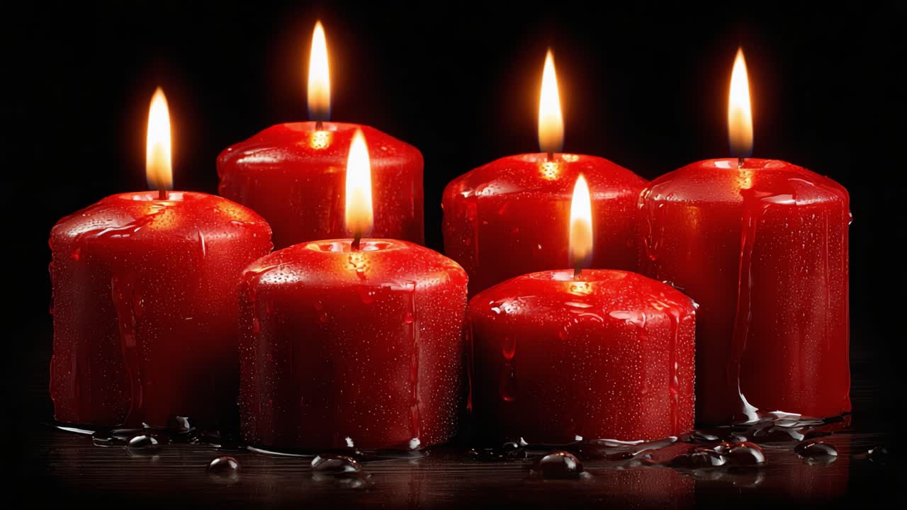 Una tranquilla esposizione di candele rosse illuminate da fiamme delicate, che creano un'atmosfera serena perfetta per il relax e la riflessione