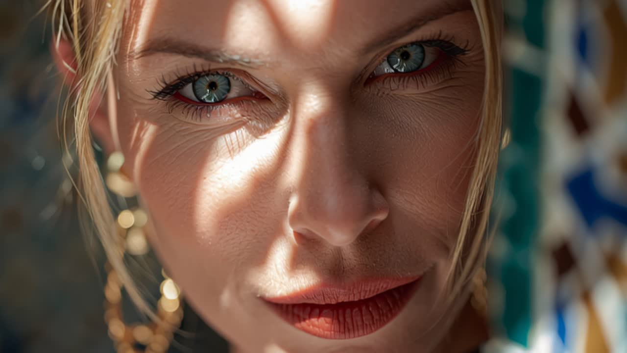 Primo piano di una donna sicura di sé con occhi blu e rossetto rosso, il viso parzialmente coperto da un pattern artistico di luce solare e ombra, che cattura emozione, bellezza e dettaglio per progetti di lifestyle o moda