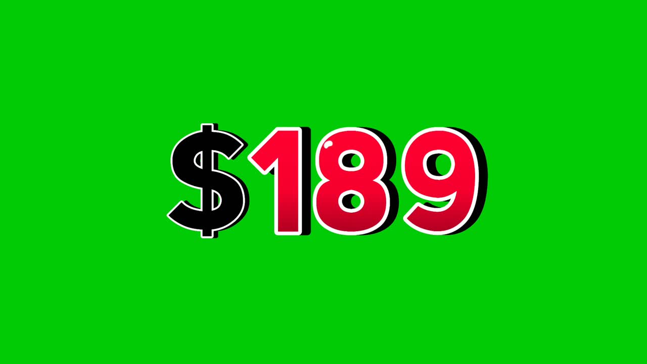 Duman efektli, yeşil ekran arka planlı, canlı kırmızı sayılarla 189 dolar işareti animasyonlu hareketli grafikler. Video öğeleri iş konsepti için gölgeli 3D video efekti.