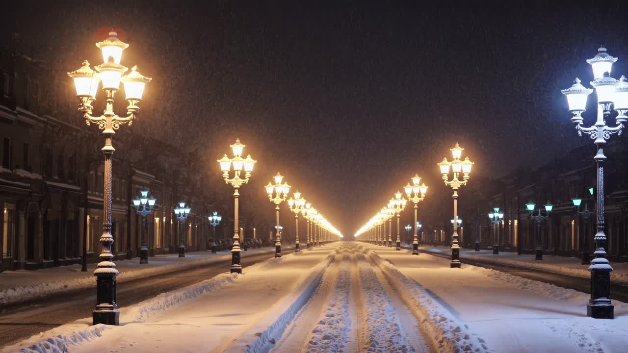 A snowy street at night with vintage lamps in a symmetrical, cinematic style
