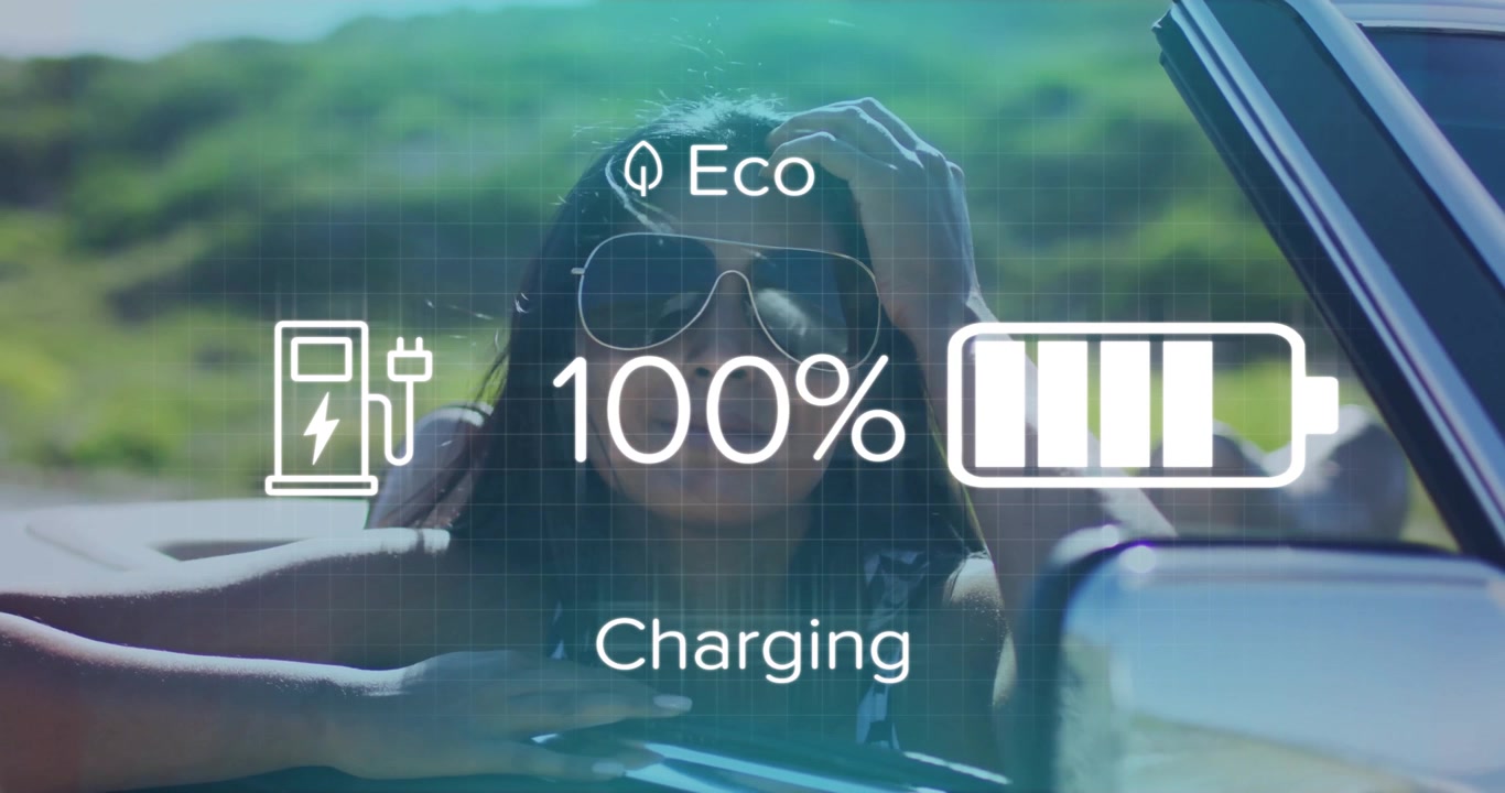 Woman riding convertible on sunlit hillside with eco tech overlay cycling charge then discharge