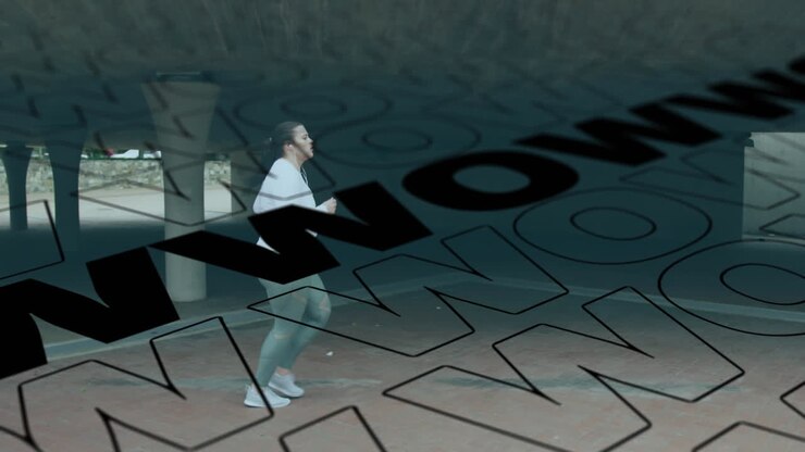 Animation of wow text over caucasian woman jogging in urban