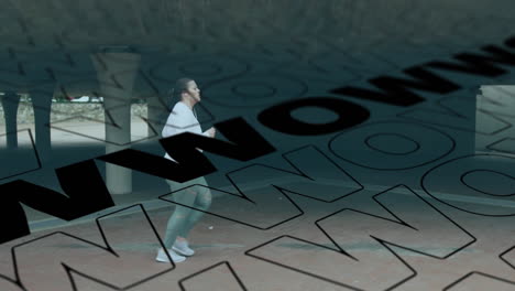 animation of wow text over caucasian woman jogging in urban