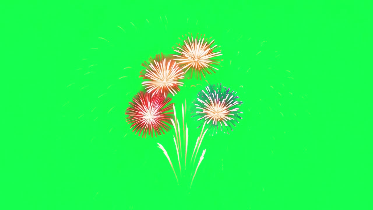 Vibrant fireworks against sky animation, transparent 4K video, green screen