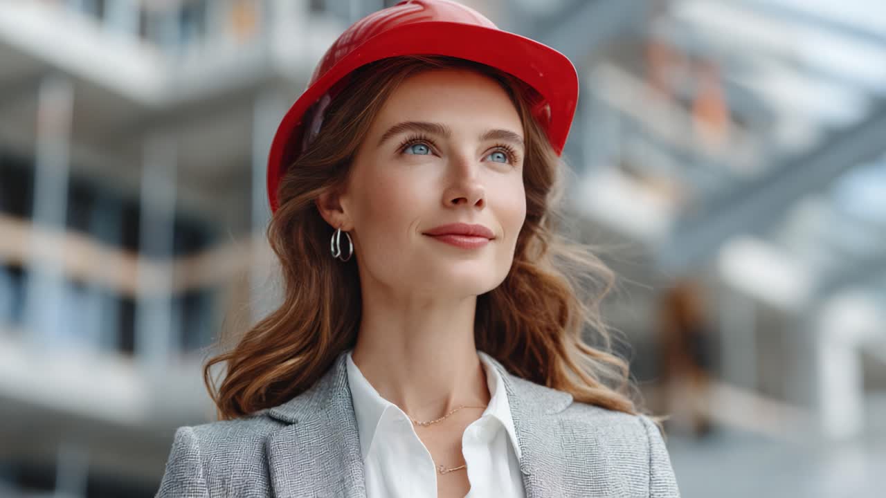 Confident Professional Woman in Construction Hard Hat Overlooks Project, Symbolizing Leadership and Modern Workforce Diversity in Engineering and Architecture Fields