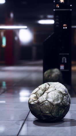 old soccer ball on a tile floor in a subway station