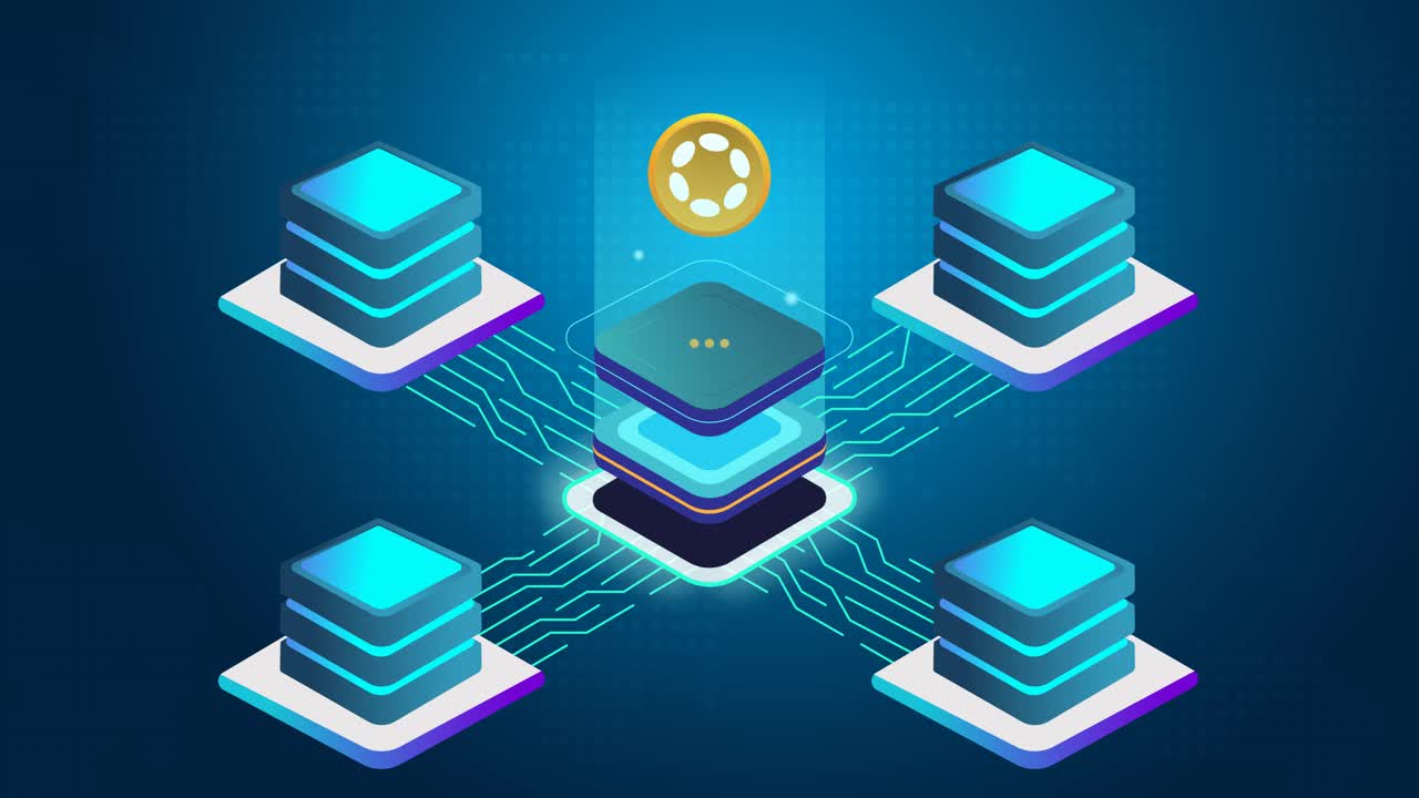 Abstract Blockchain animation of Polkadot digital virtual currency Mining Rig Process in digital cyberspace with Servers