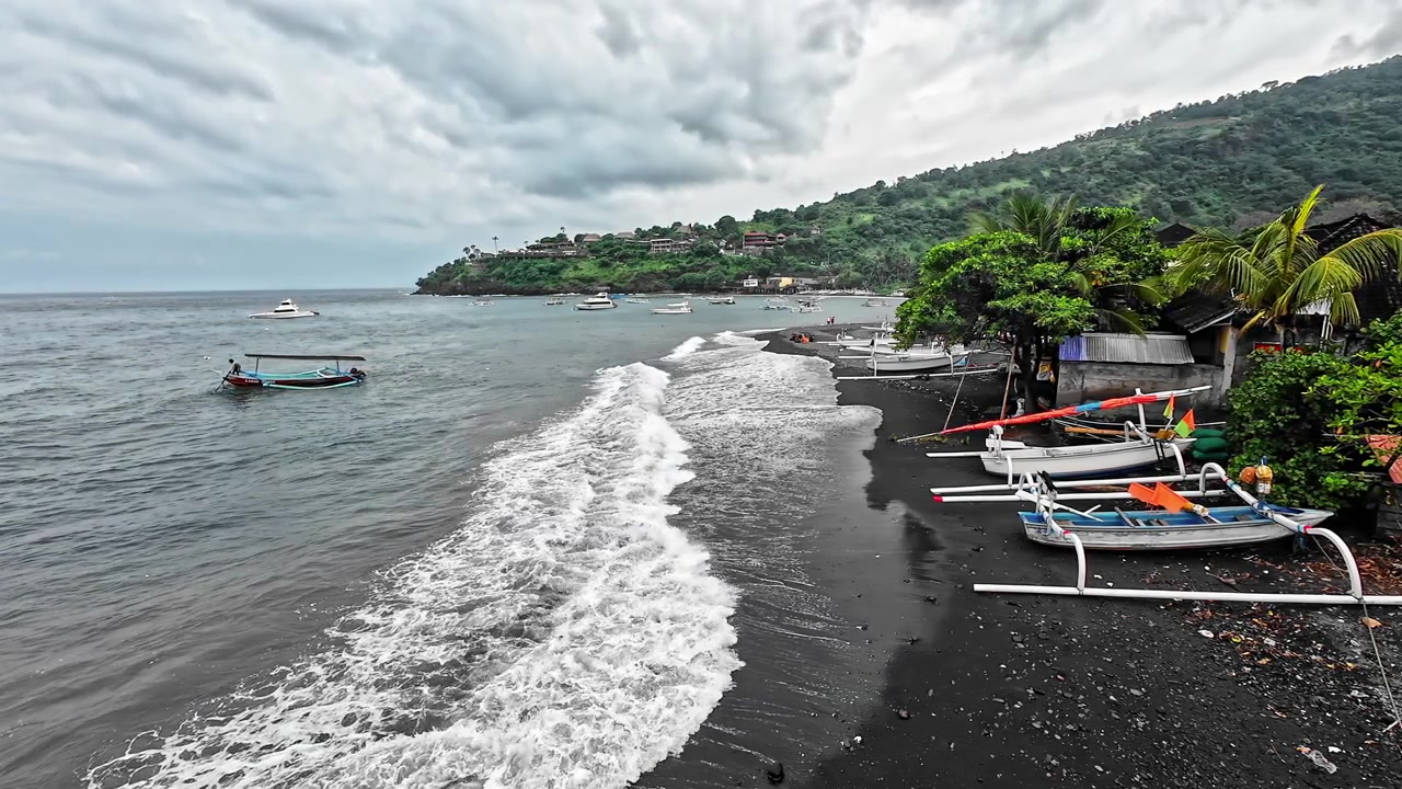 Outrigger Wooden Boats At The Fishing Village Of Amed In Bali, Indonesia. Slow Motion Shot