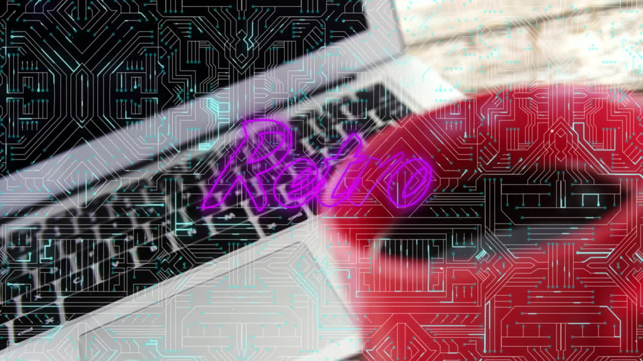 Silver laptop keyboard showing cyan traces and floating purple Retro script beside red coffee mug