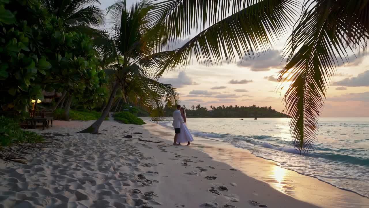Romantic beach video at sunset, captured from a low angle. A couple strolls along the shoreline