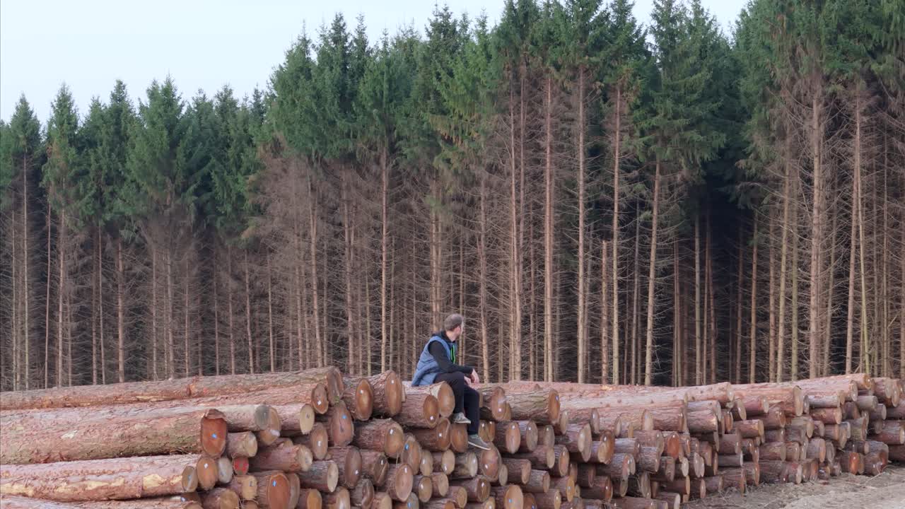 A Sad Man Sitting On Logs After Deforestation - Drone Shot