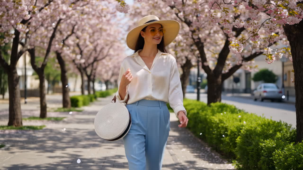 Donna che cammina su un marciapiede fiancheggiato da fiori di ciliegio in primavera