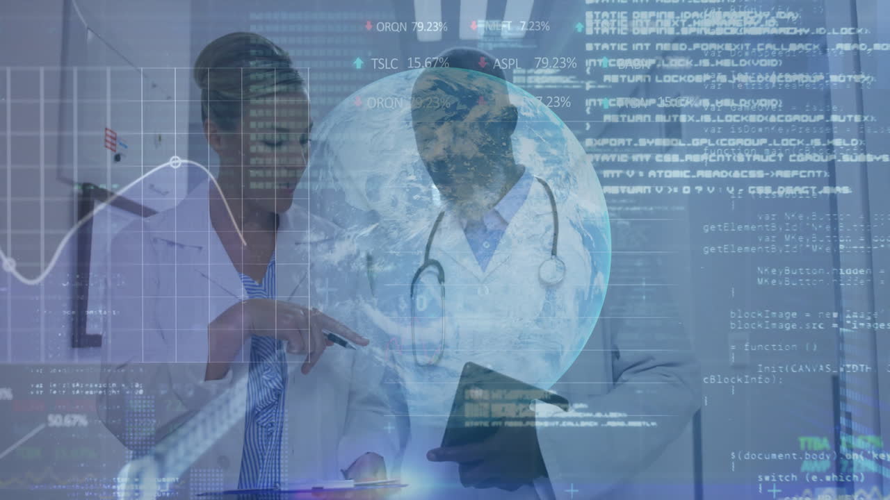 Two doctors reviewing medical data in clinic with clipboard, tablet, digital globe and code overlay