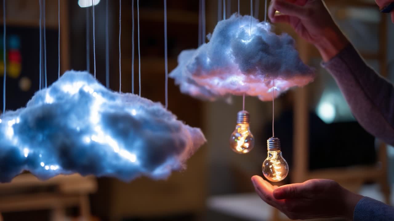 Creative Cloud Decor with Hanging Lights: A Captivating Display of Illuminated Clouds and Light Bulbs, Merging Imagination and Artistry in a Cozy Atmosphere