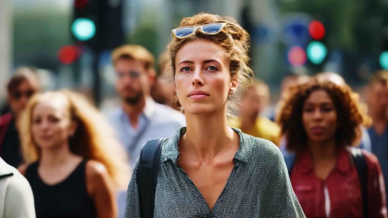 Una donna determinata risalta in una folla vivace, riflettendo concentrazione e sicurezza in mezzo al dinamico ambiente urbano che la circonda.