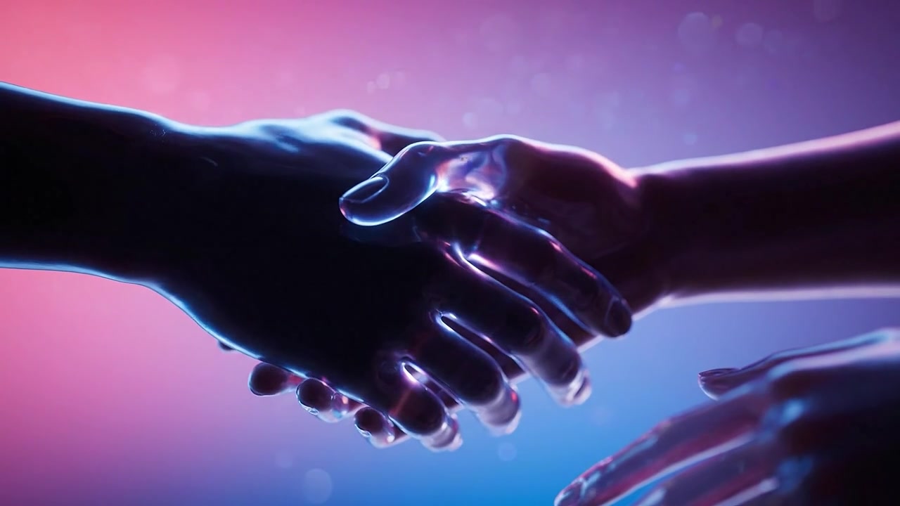 Symbolic Gesture of Connection: Two Hands Coming Together in an Ethereal Setting of Light and Color, Representing Unity and Collaboration in a Digital Realm