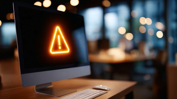 Segnale di avviso visualizzato sullo schermo di un computer, illuminato in arancione su uno sfondo sfocato con illuminazione calda e atmosfera da ufficio moderno