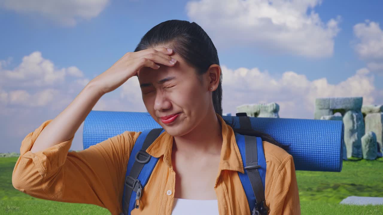 Close Up Of Asian Female Hiker With Mountaineering Backpack Having A Headache While Traveling In Stonehenge