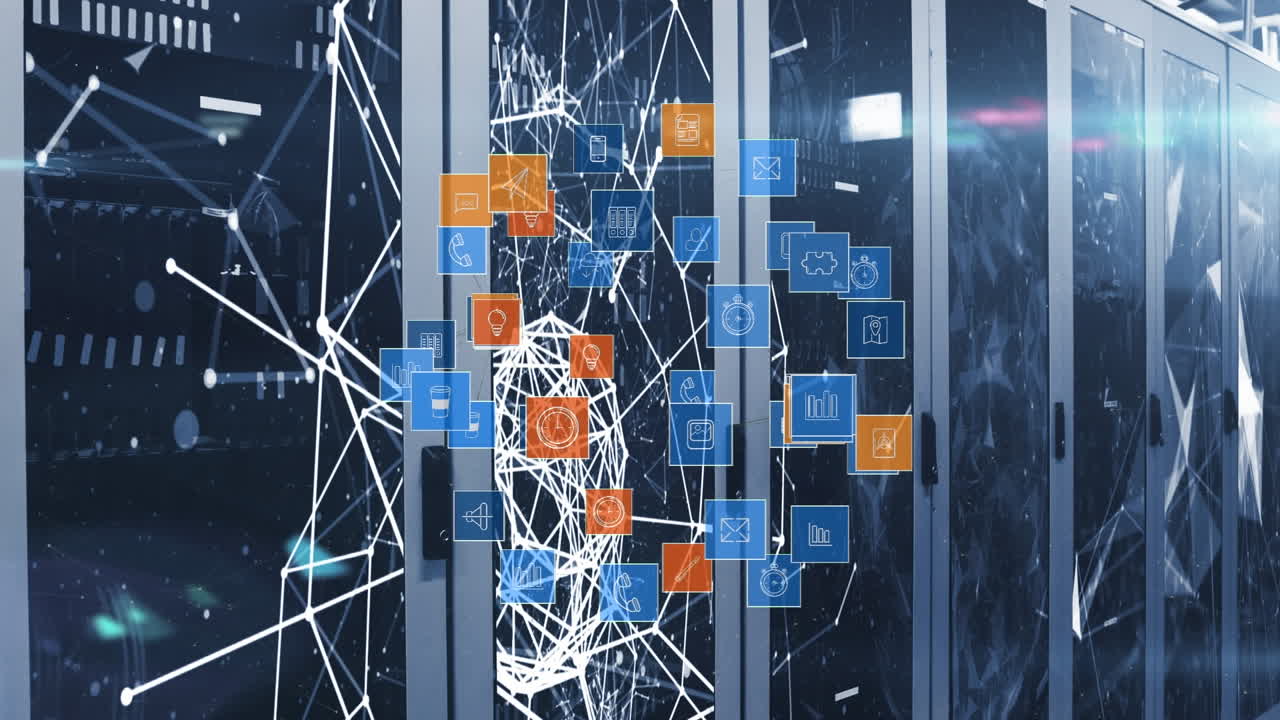 animación del globo hecho de iconos que giran sobre los servidores