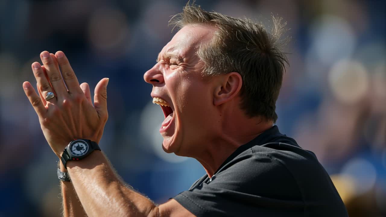Reacting to on-field play, clapping and shouting coach at sideline, wearing dark polo, watch, ring