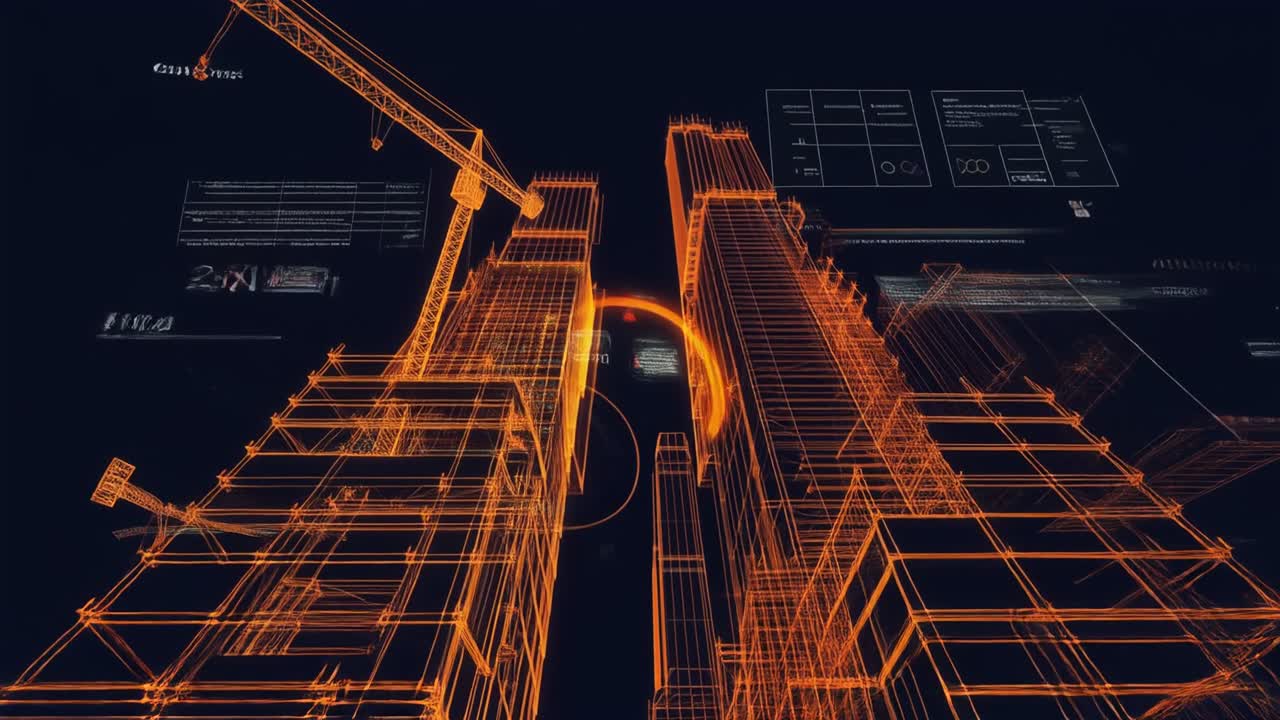 Bangunan Wireframe Digital Sedang Dibangun dengan Hamparan Data