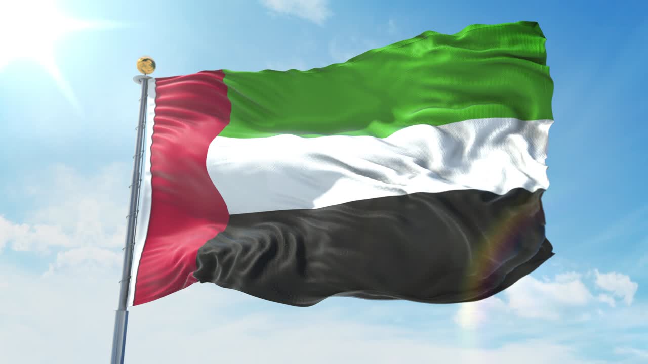 아랍에미리트 발이 깊은 파란 하늘을 배경으로 바람에 흔들리는 국가 테마, 국제 개념, 3d 렌더링