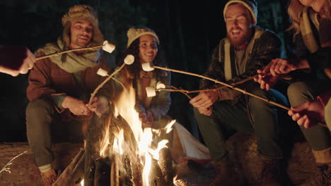 group of friends sitting by campfire roasting marshmallows chatting sharing stories camping in forest at night enjoying outdoor adventure