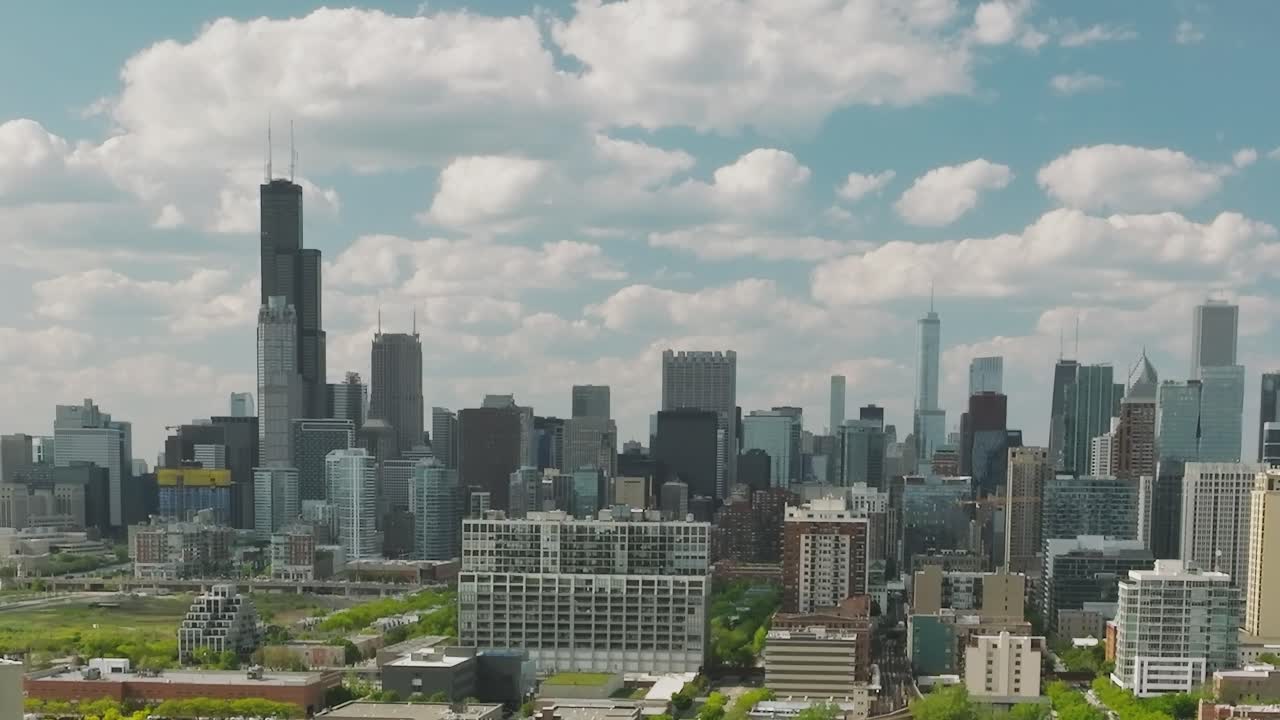 Chicago skyline view from above with clouds and buildings in sight