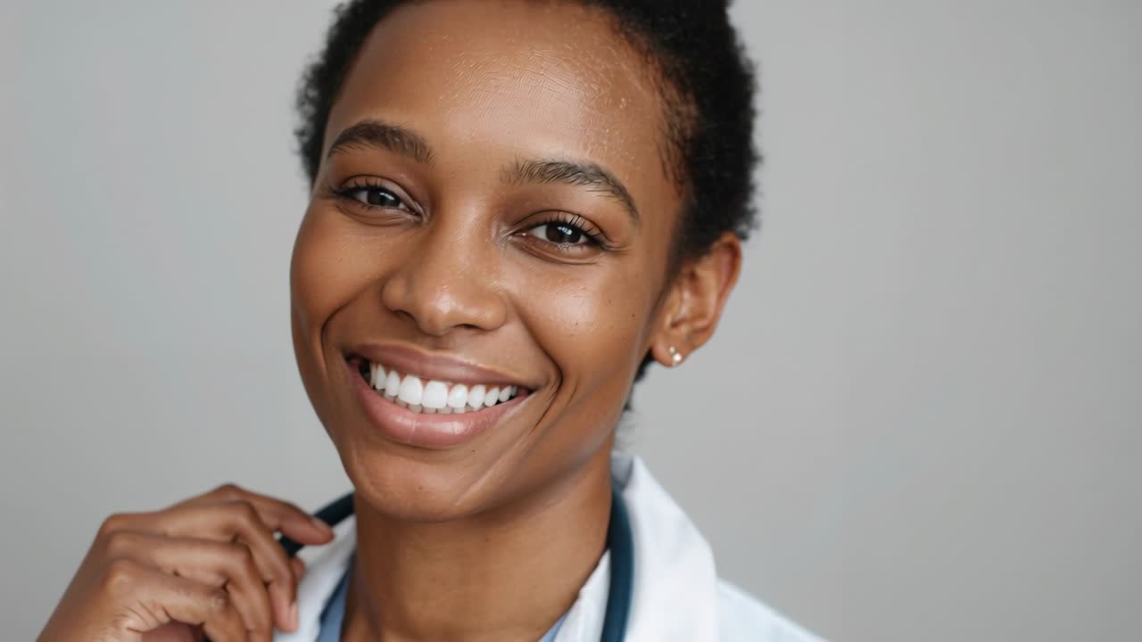 Donna medico sorridente si protende, sistema lo stetoscopio in clinica, con camice, preparandosi per la visita.