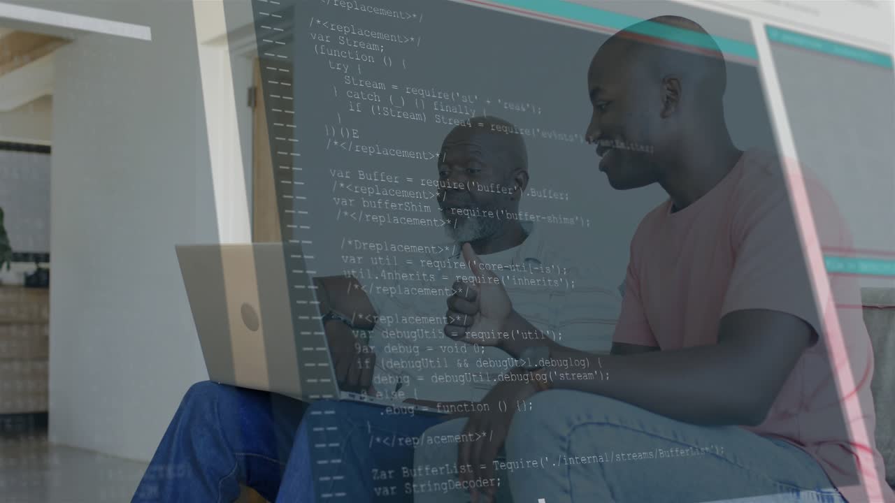 Mentor nodding, mentee pointing at laptop, showing code overlay and confirming fix in tech
