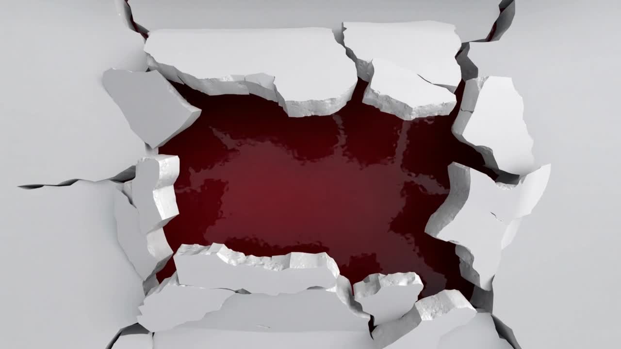 Radial cracks starting, white plates lifting and tilting in studio top-down, exposing red cavity