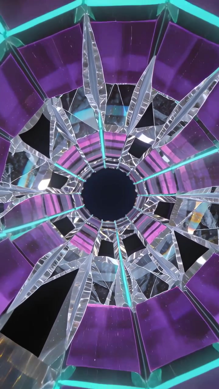 Vertical video: Camera panning mirrored tunnel rotating at gallery to capture shifting teal glow
