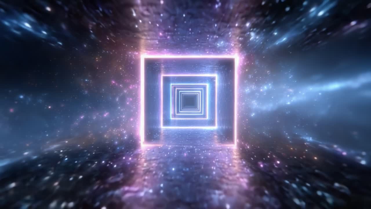 A mesmerizing journey through a cosmic portal, where vibrant neon squares illuminate an endless expanse of shimmering stars and surreal space scenery
