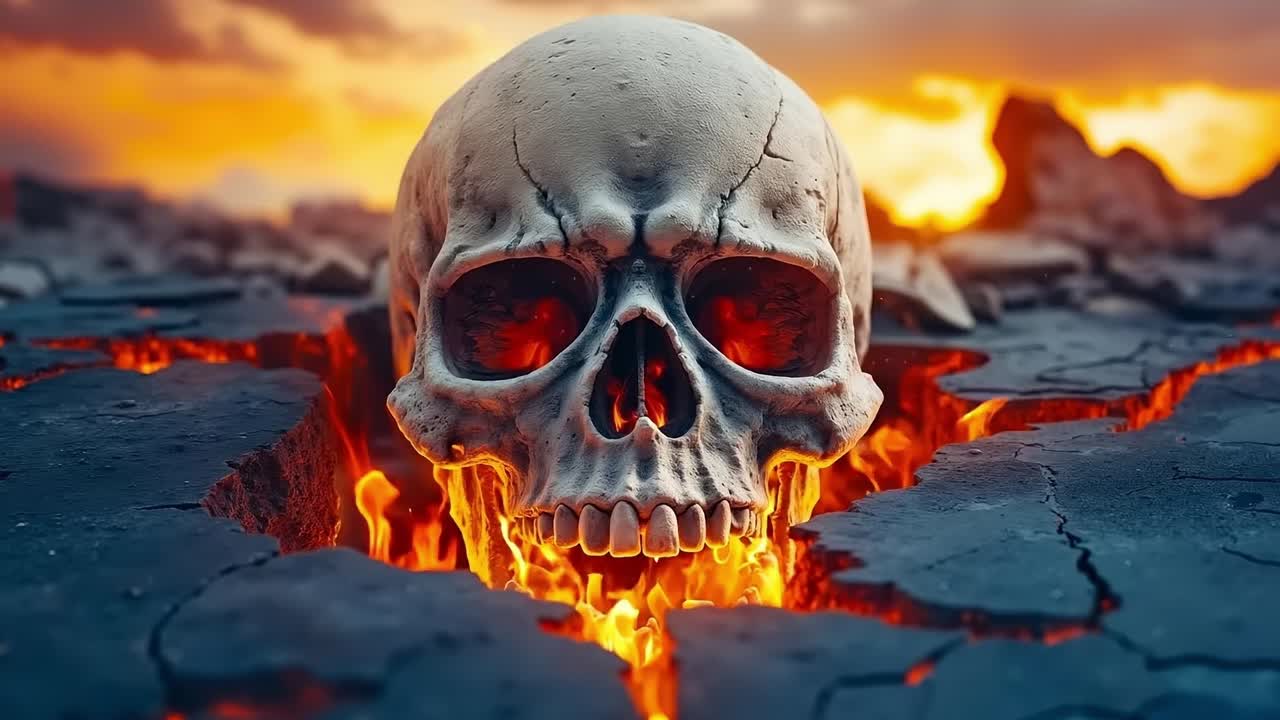 A skull in the middle of a lava field with flames coming out of it