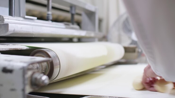 Close Up View Of Fresh Rolled Bread Dough Being Pushed Out By Conveyor Belt. Low Angle