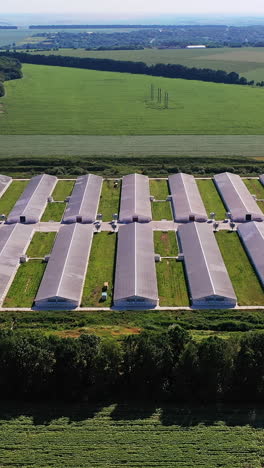 technology modern countryside farming. industrial aerial view hangars. vertical video
