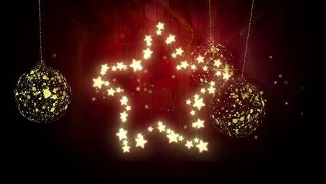 Animation-of-star-over-golden-baubles-on-black-and-red-background