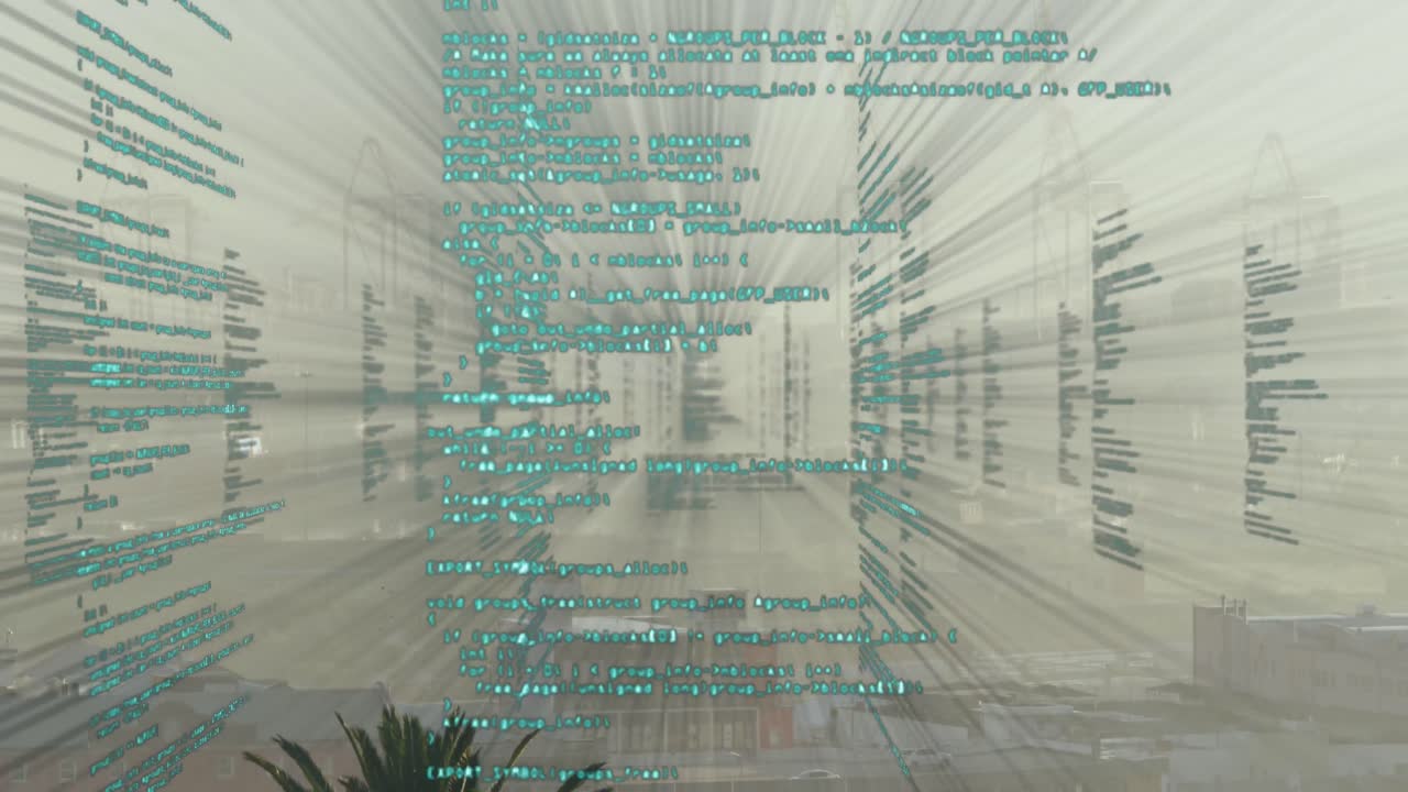 Animation of data processing over cityscape