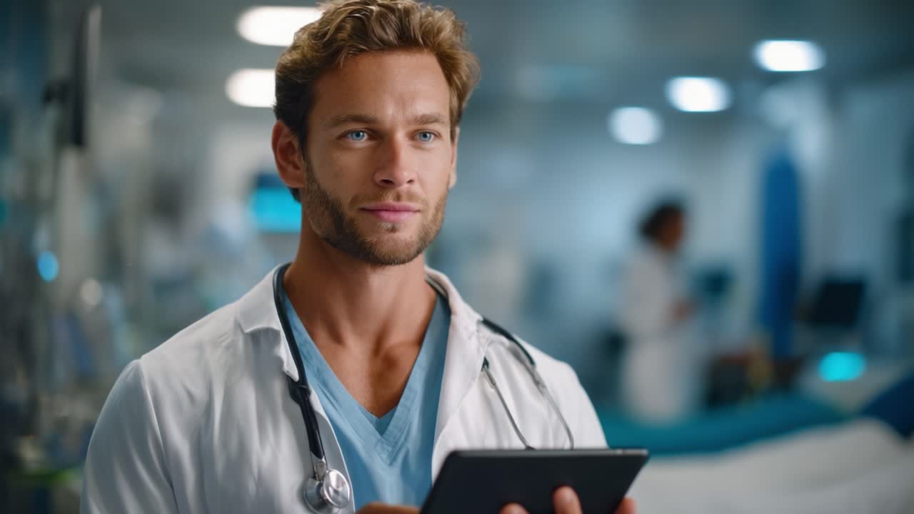 Un professionista sanitario fiducioso in un contesto clinico, che tiene in mano un tablet e indossa uno stetoscopio, rappresentando la dedizione alla cura del paziente e alle moderne pratiche mediche.