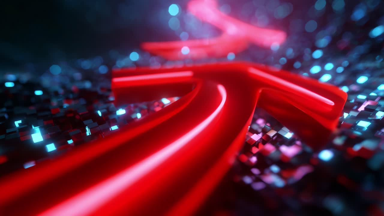 Dynamic Red Arrow Transitioning Through an Abstract Digital Landscape of Shimmering Lights and Glimmering Particles, Creating a Sense of Motion and Direction in a Futuristic Environment