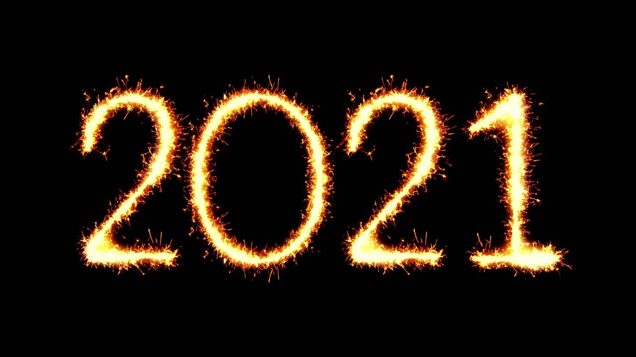 Happy new year 2021 text sparkler writing with glitter sparks particles firework on black 4k loop