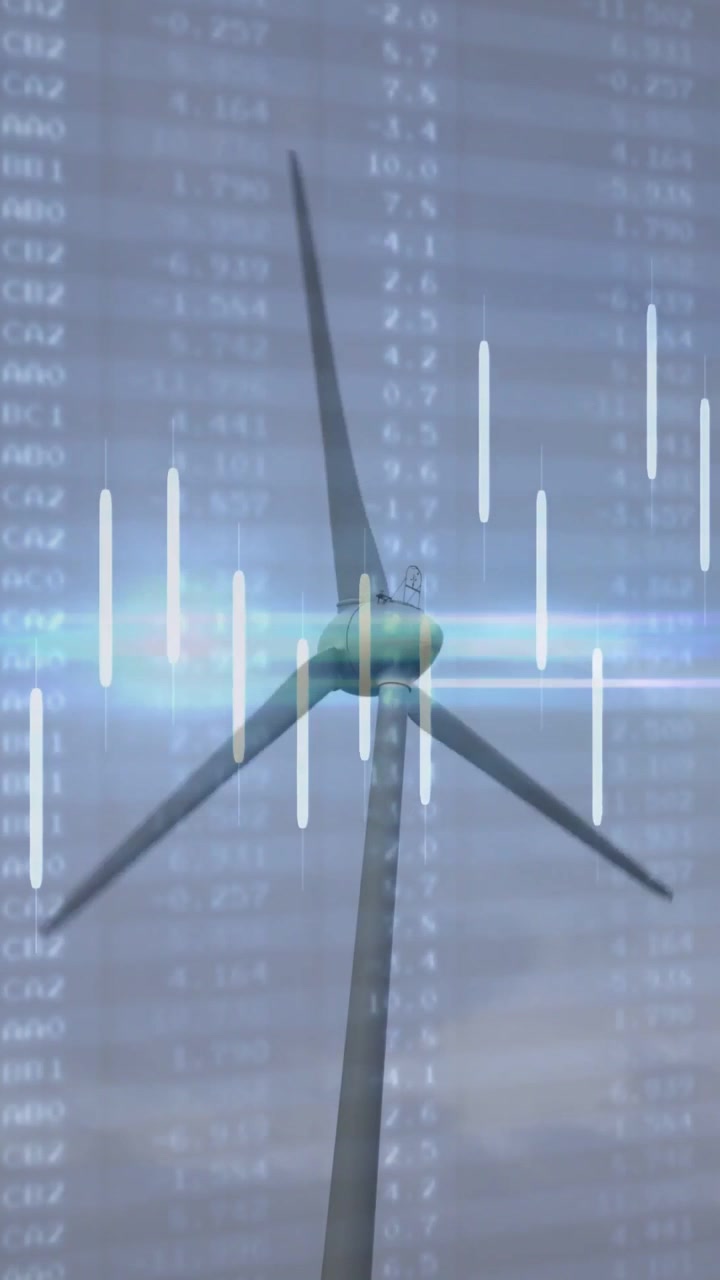 Vertical video: Wind gusts driving turbine spinning, blades powering while overlaying vertical bars