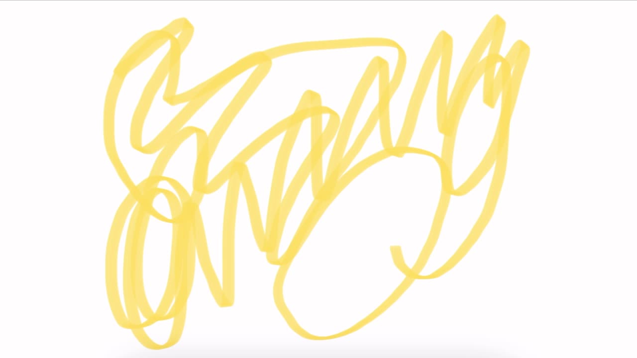 노란색과 색의 글씨가 손으로 그려진 선