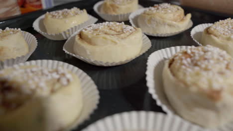 Medium-shot-of-unbaked-cinnamon-buns-on-a-tray