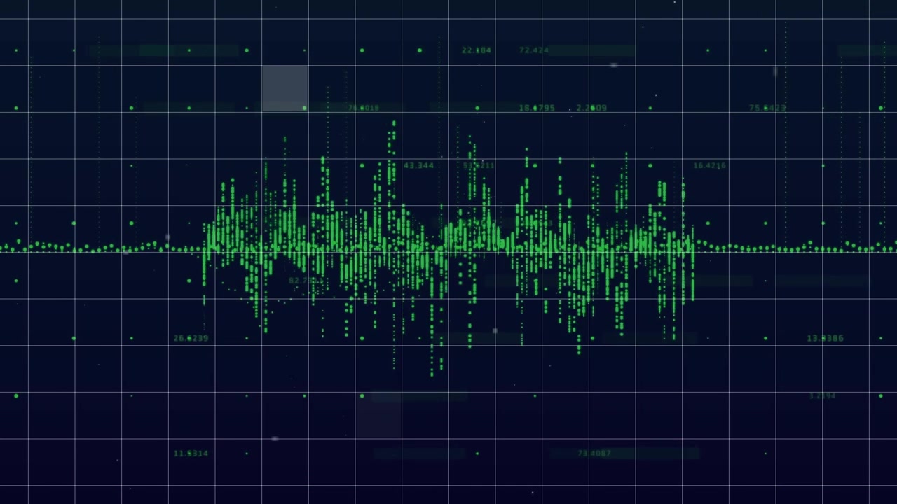 Animation of green grid and black particles forming helix on green background