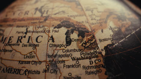close-up of a vintage world globe, focusing on north america